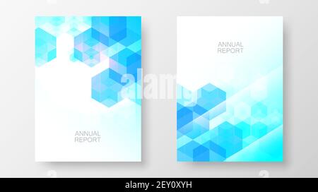 Annual report design template. Blue hexagon, abstract background.