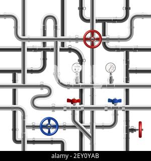 Realistic steel pipeline system seamless pattern on white background vector illustration Stock Vector