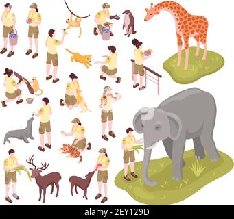 Isometric zoo workers set of isolated human characters of zoo keepers and animals on blank background vector illustration Stock Vector