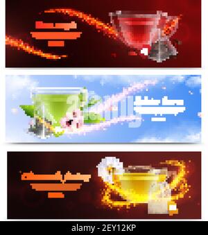 Tea brewing bag realistic banner set with rose magic sakura leaves and chamomile fantasy headlines vector illustration Stock Vector