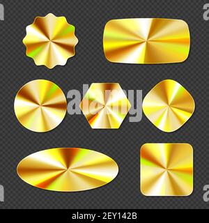 Gold holographic stickers, hologram labels different shapes. Round, square, oval, rhombus, hexagon and wavy iridescent foil or golden colored blank shiny emblems, Realistic 3d vector illustration, set Stock Vector