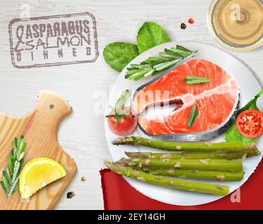 Asparagus salmon tomatoes healthy dinner  top view realistic advertising with lemon rosemary on cutting board vector illustration Stock Vector