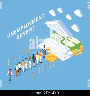 Social security unemployment benefits unconditional income isometric composition with people and conceptual image of classic facade vector illustratio Stock Vector