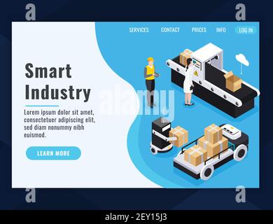 Isometric smart industry landing page composition with learn more button and links vector illustration Stock Vector