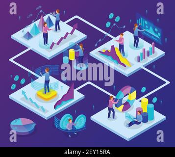 Business analytics concept glow isometric 4 colorful graphic presentations with profit growth diagrams currency symbols vector illustration Stock Vector