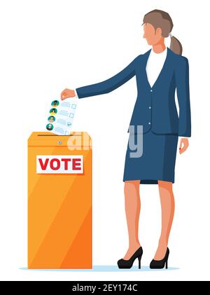 Woman putting document with candidates in ballot box. Hand with election bill. Vote paper with faces. Vector illustration in flat style Stock Vector
