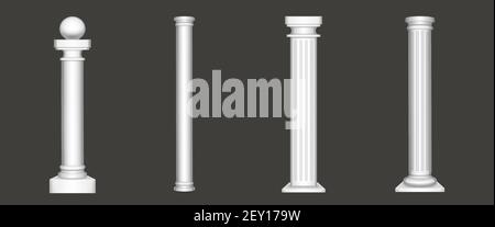Antique pillars isolated on white background. Ancient classic stone columns of roman or greece architecture with twisted and groove ornament for interior facade design, Realistic 3d vector mockup, set Stock Vector