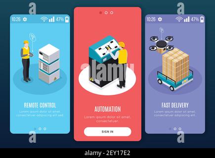 Isometric smart industry banner set with remote control automation and fast delivery headlines vector illustration Stock Vector