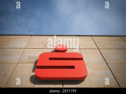 Potsdam, Germany. 03rd Mar, 2021. The logo of the Sparkasse on the wall of a branch in the city centre. Credit: Soeren Stache/dpa-Zentralbild/ZB/dpa/Alamy Live News Stock Photo