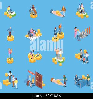 Social security unemployment benefits unconditional income isometric icons collection with isolated human characters and conceptual images vector illu Stock Vector