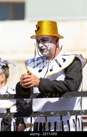 Portrait of a man in Pierrot costume during the Carnival in Limassol, Cyprus, 1 March 2020 Stock Photo