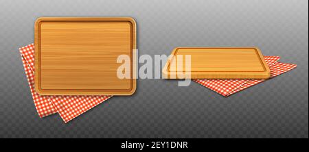 Wooden cutting board and red plaid tablecloth isolated on transparent background. Vector realistic set of 3d rectangle wood plank for cut food and folded table cloth with gingham pattern Stock Vector