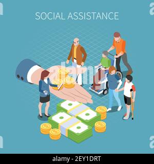 Social security unemployment benefits unconditional income isometric composition with conceptual image of human hand with coins vector illustration Stock Vector