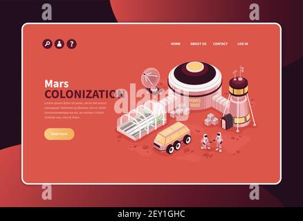 Isometric mars colonization concept banner website page design with editable text links and exterrestrial base image vector illustration Stock Vector