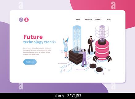 Isometric banner with future high technology trends and people using futuristic devices 3d vector illustration Stock Vector