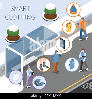 Wearable technology smart clothes isometric composition with view of bus stop and people in intelligent clothing vector illustration Stock Vector