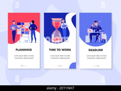 Time management 3 flat vertical banners set with task planning deadline stress hourglass symbols isolated vector illustration Stock Vector