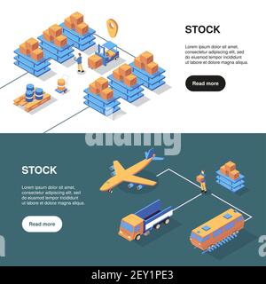 Isometric logistics banners set with text more button and storage facilities with different kinds of transport vector illustration Stock Vector