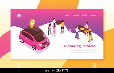 Car pooling service isometric horizontal banner on colorful background with people sharing vehicle 3d vector illustration Stock Vector