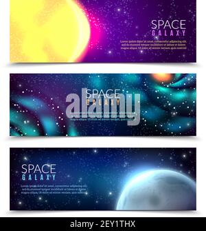 Space stars constellations spiral galaxies  planets 3 horizontal colorful astronomical banners with night sky background vector illustration Stock Vector