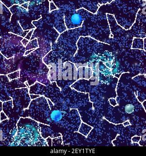 Space zodiac constellations spiral galaxies planets against night starry sky dark blue background seamless pattern vector illustration Stock Vector