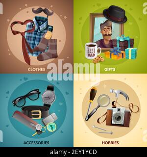 Fathers day celebration concept 4 compositions design with retro  accessories hobby tools clothes mustache presents vector illustration Stock Vector