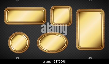 Gold name plates with wooden frame and screws isolated on transparent background. Vector realistic set of empty brass sign boards different shapes with wood border and rivets Stock Vector