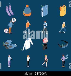 Wearable technology smart clothes isometric icons collection with sixteen isolated images with clothing items and people vector illustration Stock Vector