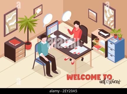 Isometric job search recruitment composition with text and office room interior with hr and job applicant vector illustration Stock Vector
