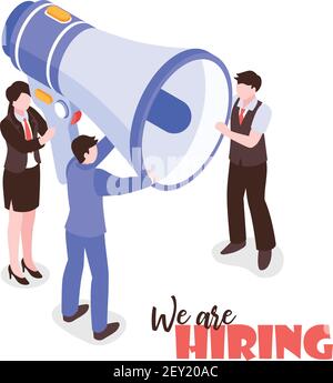 Isometric job search recruitment composition on white background with text and group of people holding megaphone vector illustration Stock Vector