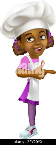 Black Girl Cartoon Child Chef Kid Sign Pointing Stock Vector
