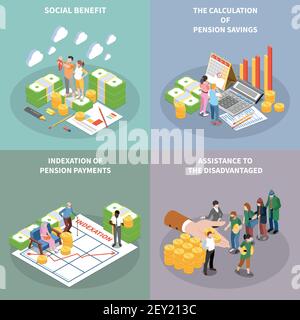 Social security unemployment benefits unconditional income isometric 2x2 design concept with banknote bundles people and text vector illustration Stock Vector