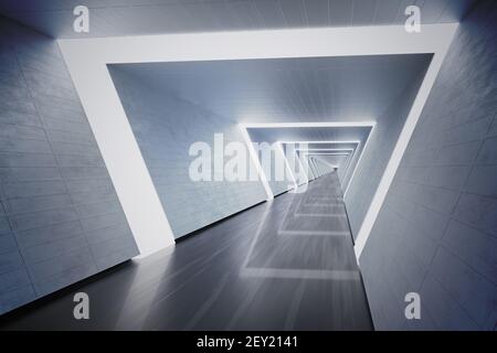Futuristic long corridor in spaceship. 3D rendered illustration. Stock Photo