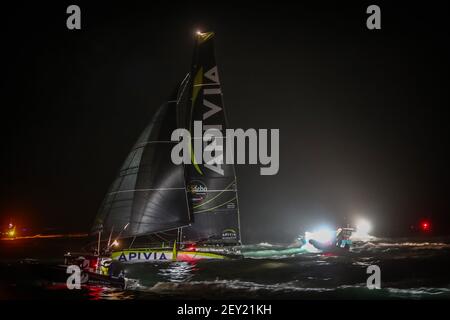 Charlie Dalin (fra) sailing on the Imoca Apivia during the arrival of the 2020-2021 Vendée Globe, 9th edition of the solo non-stop round the world yacht race, on January 27th 2021 in Les Sables-d'Olonne, France - Photo Pierre Bouras / DPPI Stock Photo