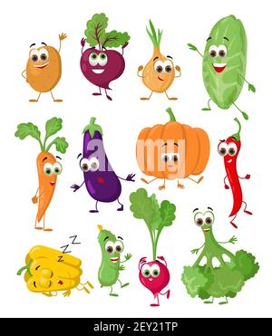 Set of Funny Vegetables with eyes on white background. Cartoon funny vegetables characters, flat vector illustration Stock Vector