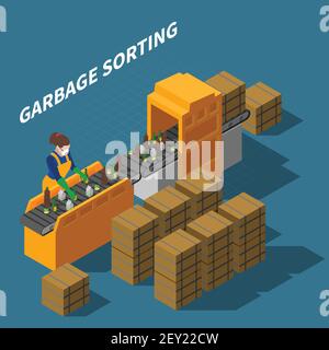 Garbage recycling isometric composition with female worker in uniform and automatic conveyor with waste and text vector illustration Stock Vector