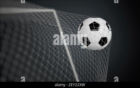 Goal - soccer or football ball in the net. 3D rendered illustration. Stock Photo