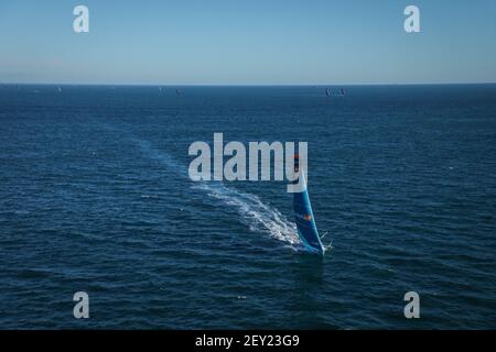 Thomas Ruyant (fra) sailing on the Imoca Linkedout during the start of the 2020-2021 Vendée Globe, 9th edition of the solo non-stop round the world yacht race, on November 9, 2020 in Les Sables-d'Olonne, France - Photo Pierre Bourras / DPPI Stock Photo