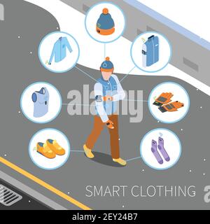 Wearable technology smart clothes isometric composition with human character and round icons with images of clothing vector illustration Stock Vector
