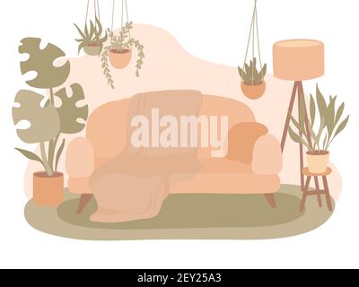 Retro interior living room with carpet,sofa, houseplant. Vector hand drawn flat illustration. Cozy room interior with a lot of plants in pots Stock Vector