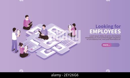 Isometric job search recruitment color background with editable text learn more button people and application papers vector illustration Stock Vector