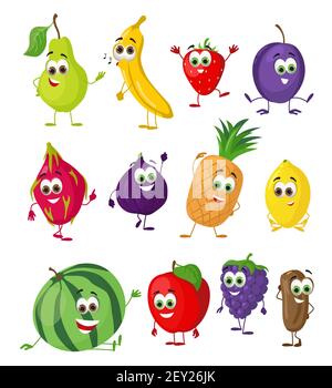 Set of Funny Fruits with eyes. Cartoon funny fruits characters flat vector illustration Stock Vector