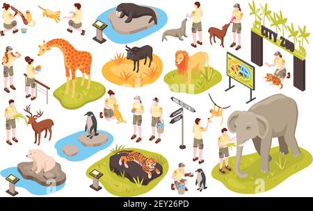 Isometric zoo set with isolated images of animals human characters of personnel and animal park items cector illustration Stock Vector