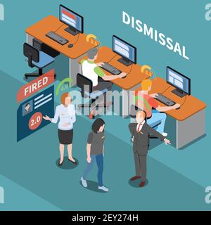 Social credit score system isometric composition with office environment and characters of workers with rating pictograms vector illustration Stock Vector