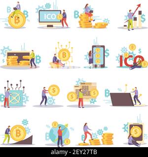 Blockchain cryptocurrency business flat icons set isolated on white background vector illustration Stock Vector