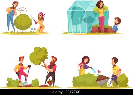 Gardening vegetables growing trimming of bushes planting trees watering of flowers cartoon design concept isolated vector illustration Stock Vector