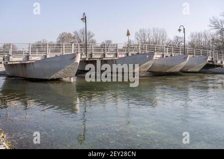 pontoon bridge on Ticino river clear waters, shot on bright winter day at Bereguardo, Pavia, Lombardy, Italy Stock Photo