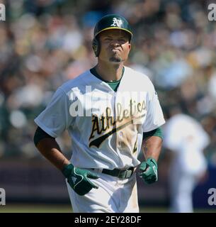 Oakland Athletics' Coco Crisp walks on the field during the first baseball  game of a doubleheader against the Baltimore Orioles in Baltimore,  Saturday, May 7, 2016. (AP Photo/Patrick Semansky Stock Photo - Alamy