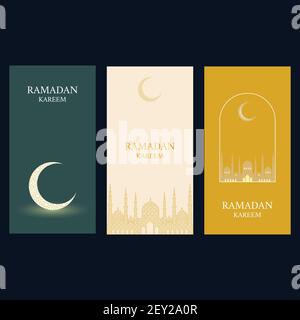 The Muslim feast of the holy month of Ramadan Kareem. Set of posters or invitations design with crescent and mosque dome silhouette. Vector illustrati Stock Vector