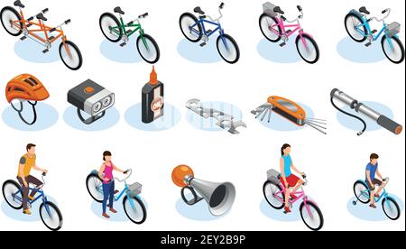 Bicycle isometric icons set with tools accessories and different types of bicycles vector illustration Stock Vector